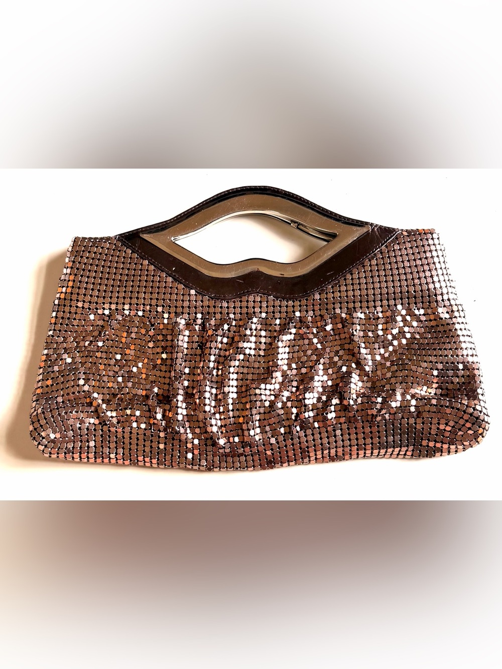 Copper Rose Gold Metal Mesh Clutch Evening Bag Geometric Handle